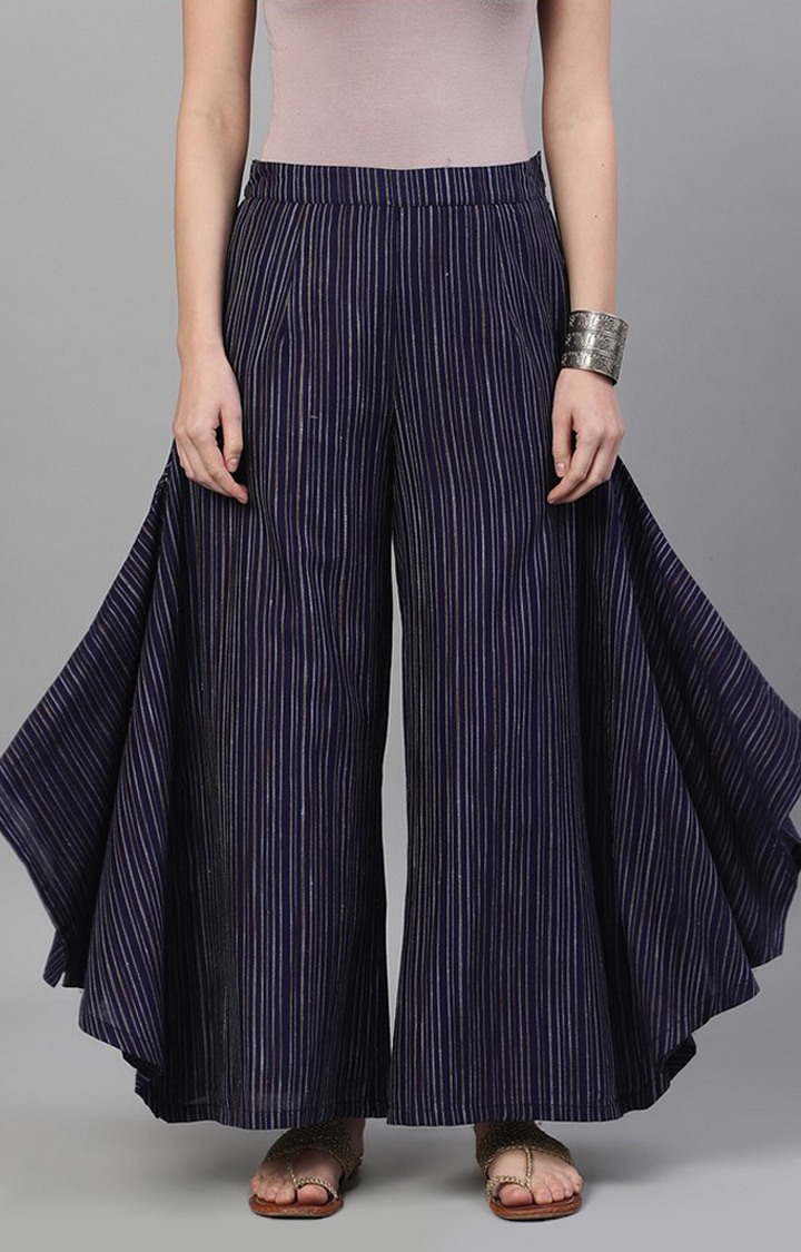 Blue Striped Woven Design Flared Palazzo