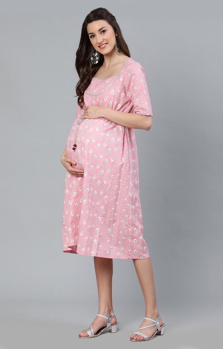 ANTARAN | Pink & White Khari Printed A-Line Maternity Dress 2