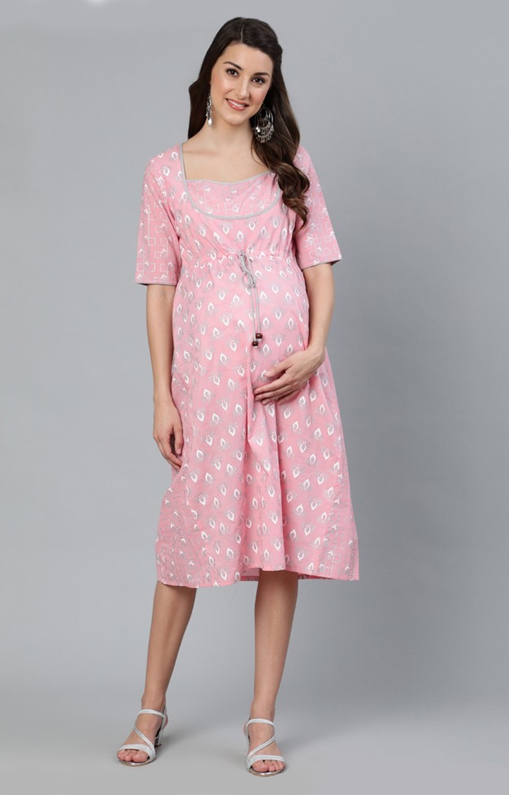 ANTARAN | Pink & White Khari Printed A-Line Maternity Dress 0