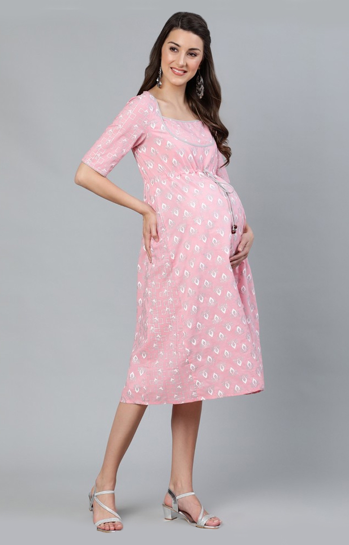 ANTARAN | Pink & White Khari Printed A-Line Maternity Dress 1