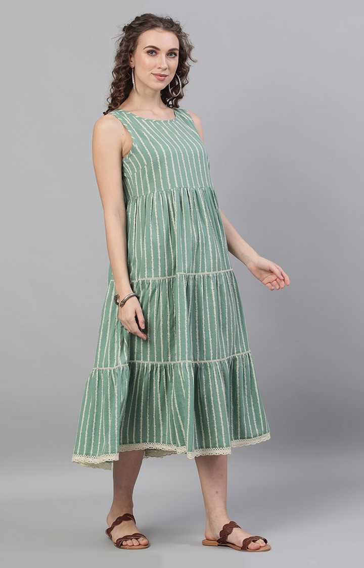ANTARAN | Green & White Striped Printed Tiered Midi Dress 3