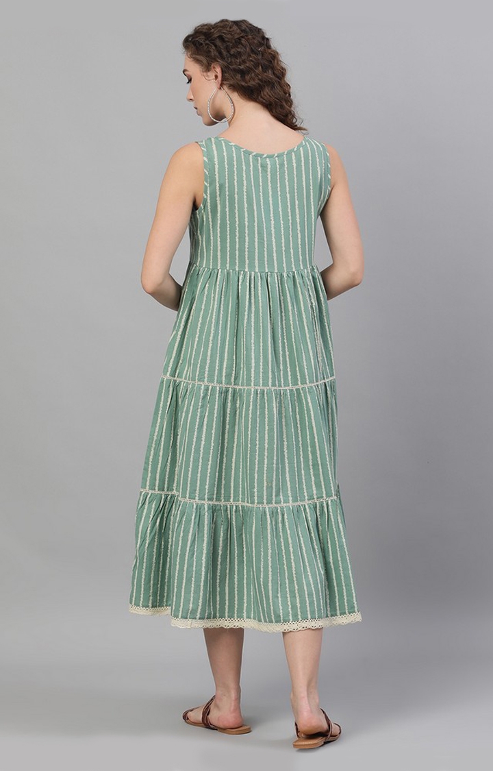 ANTARAN | Green & White Striped Printed Tiered Midi Dress 4