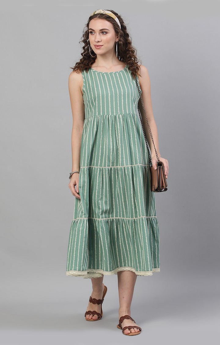 ANTARAN | Green & White Striped Printed Tiered Midi Dress 1