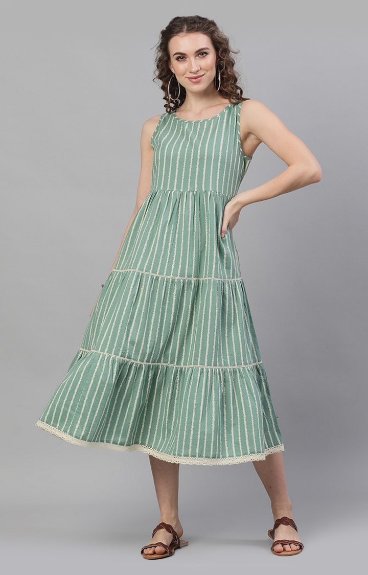 ANTARAN | Green & White Striped Printed Tiered Midi Dress 0