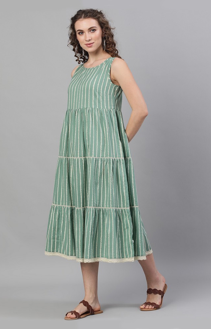 ANTARAN | Green & White Striped Printed Tiered Midi Dress 2