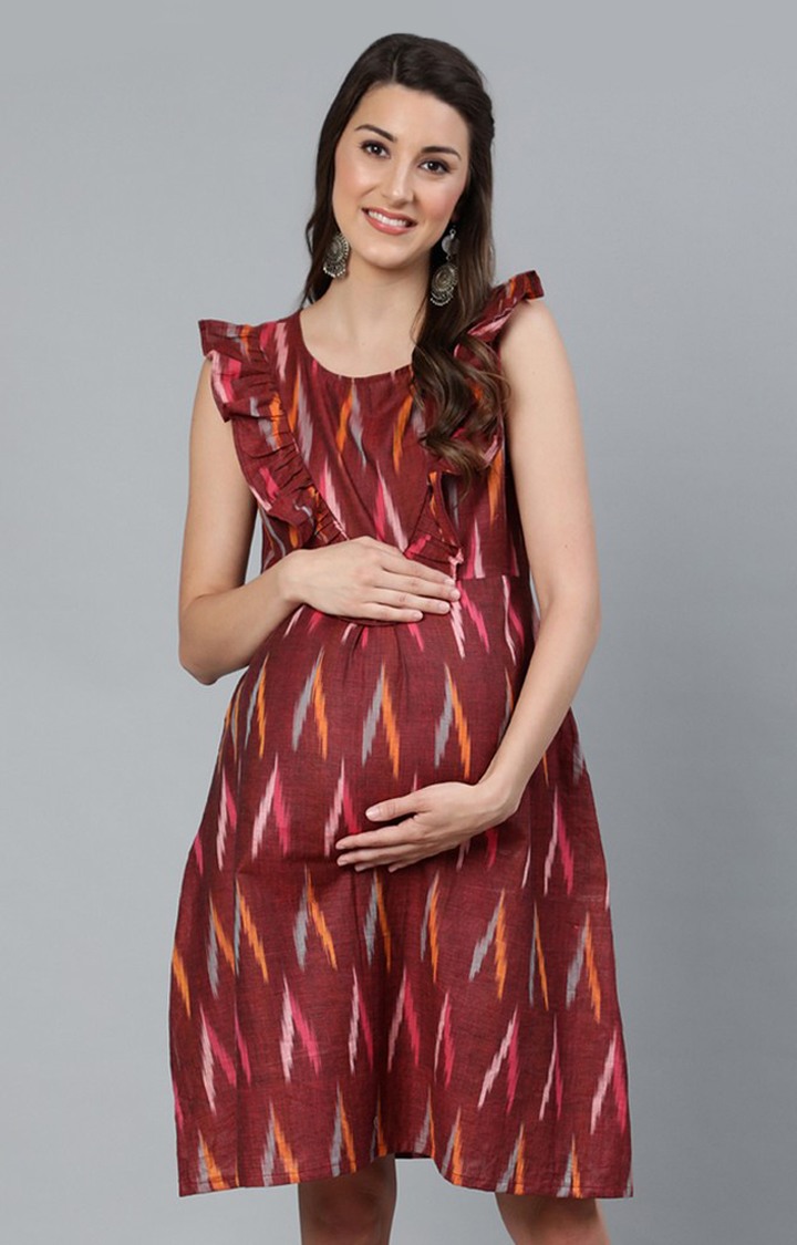 Burgundy Ikat Woven Design Maternity Dress