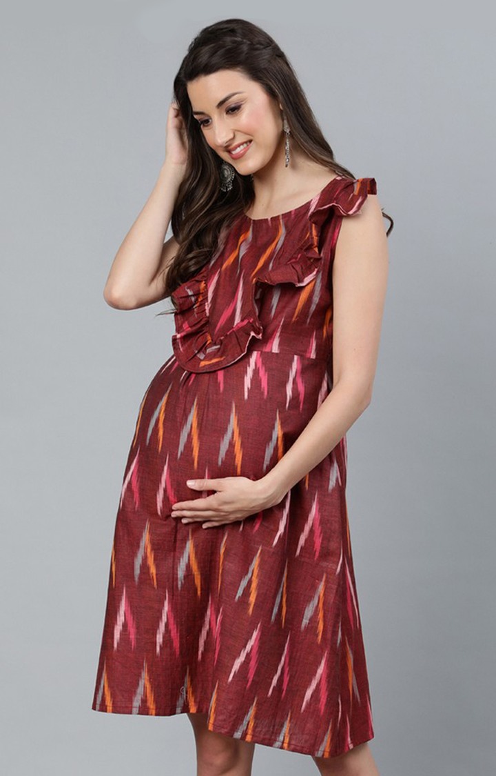 Burgundy Ikat Woven Design Maternity Dress