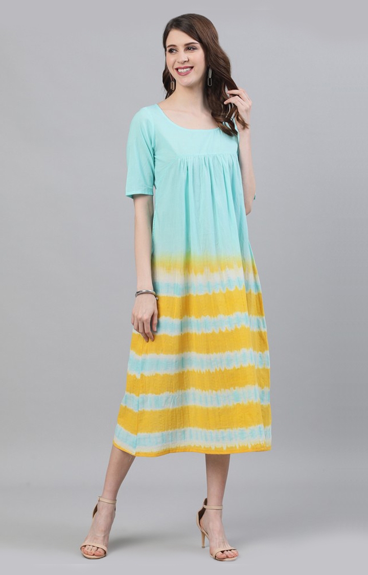 ANTARAN | Blue & Yellow Tie And Dye A-Line Dress 0