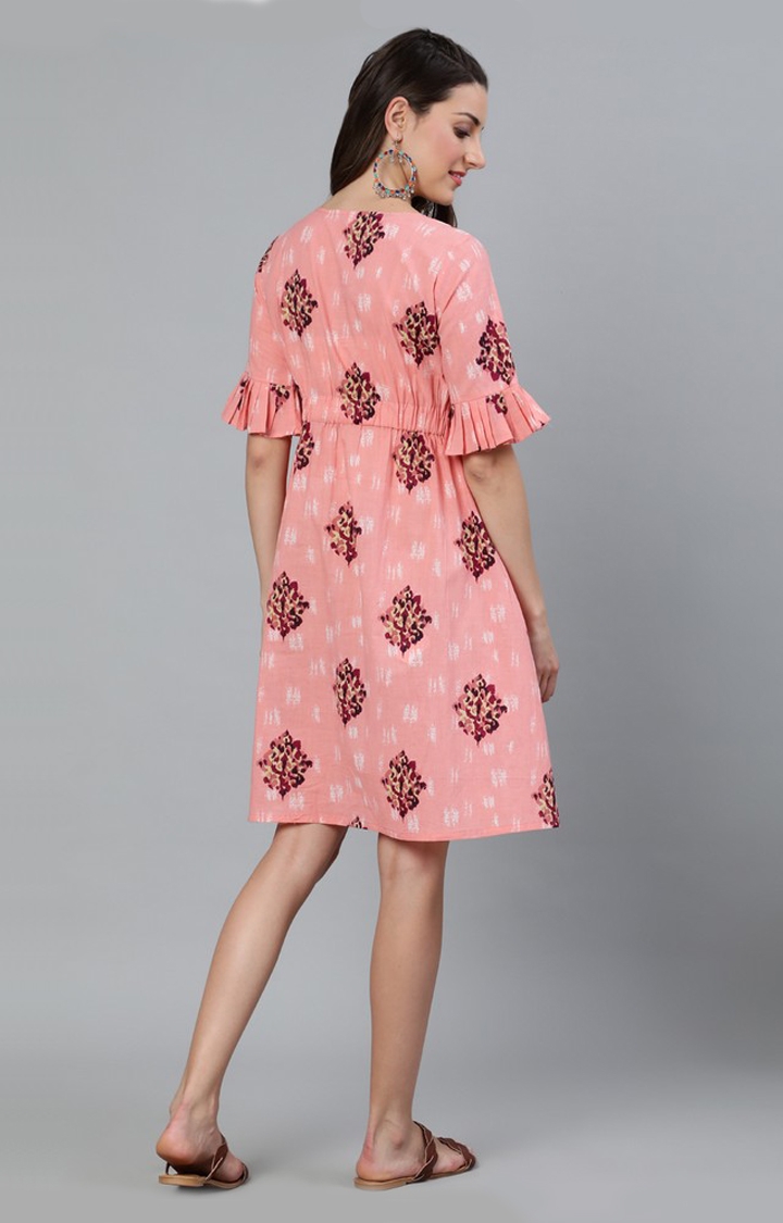 ANTARAN | Peach Floral Printed Gathered Dress 3