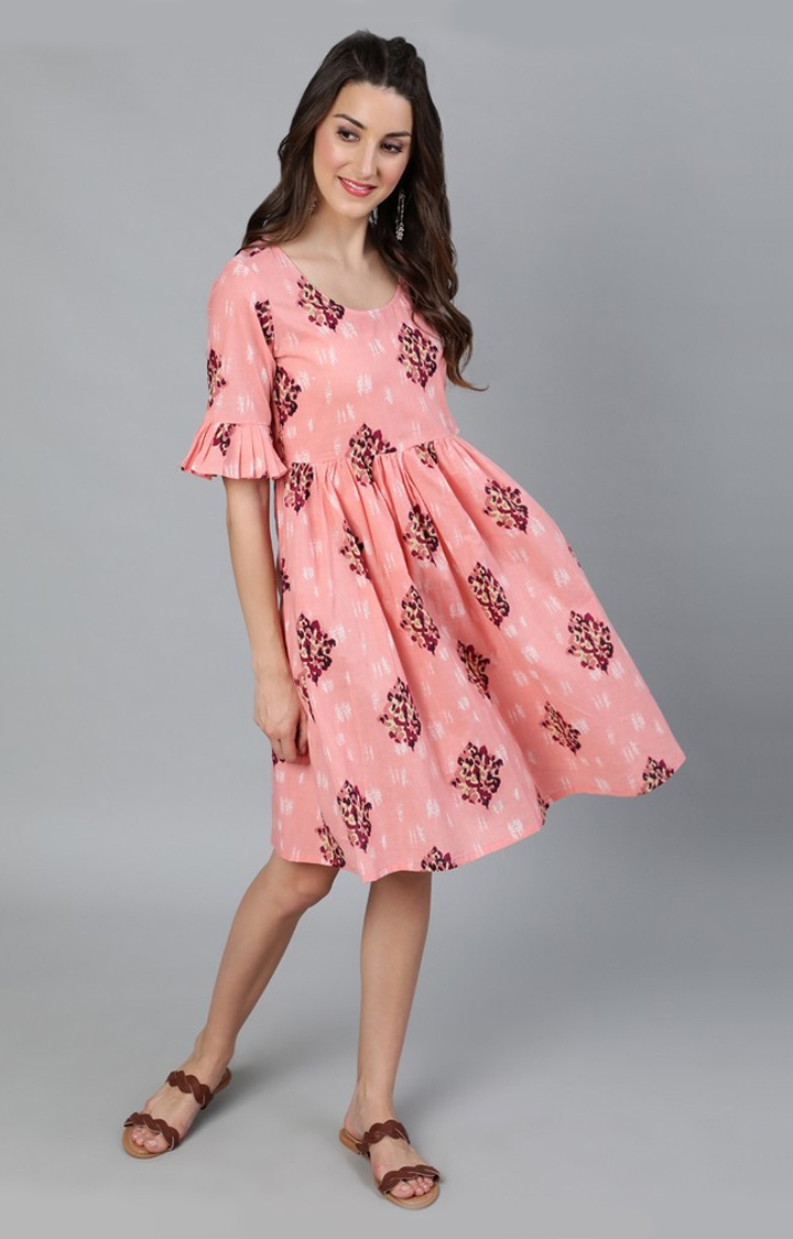 ANTARAN | Peach Floral Printed Gathered Dress 2
