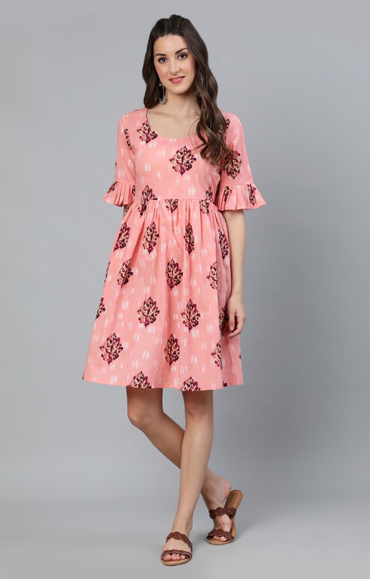 ANTARAN | Peach Floral Printed Gathered Dress 0