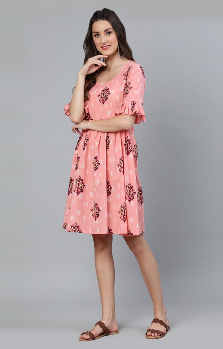 ANTARAN | Peach Floral Printed Gathered Dress 1