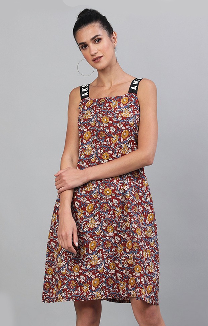 ANTARAN | Maroon Kalamkari Floral Printed Shift Dress 0