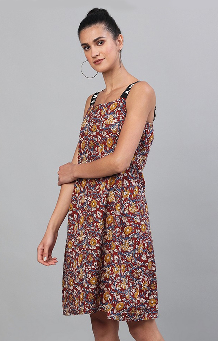 ANTARAN | Maroon Kalamkari Floral Printed Shift Dress 2