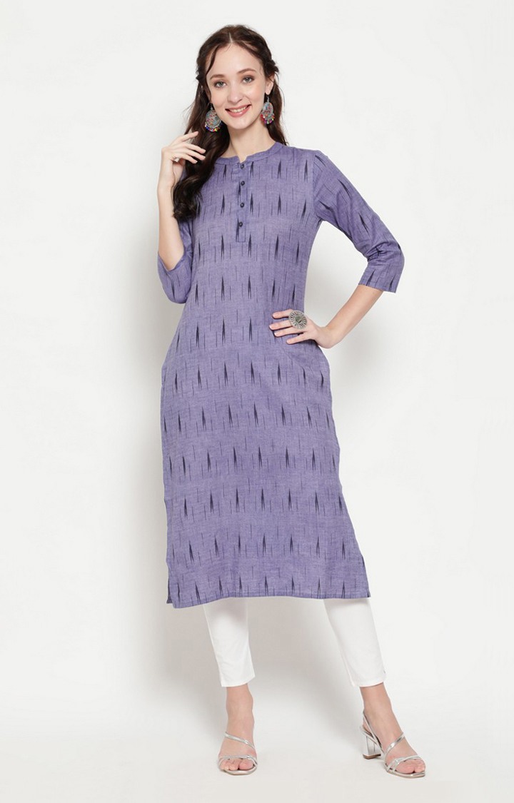 Blue Printed Ikat Woven Design Straight Kurta