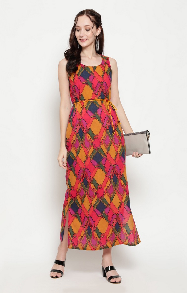 ANTARAN | Multi-coloured Printed Straight Maxi Dress With Dori 1
