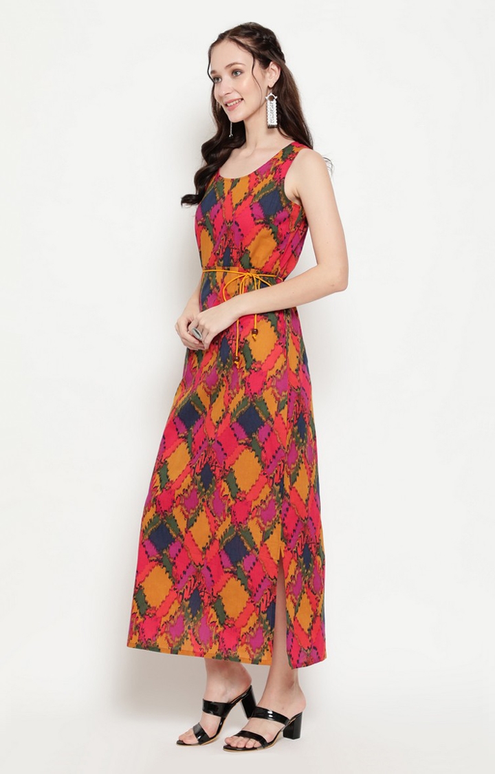 ANTARAN | Multi-coloured Printed Straight Maxi Dress With Dori 2