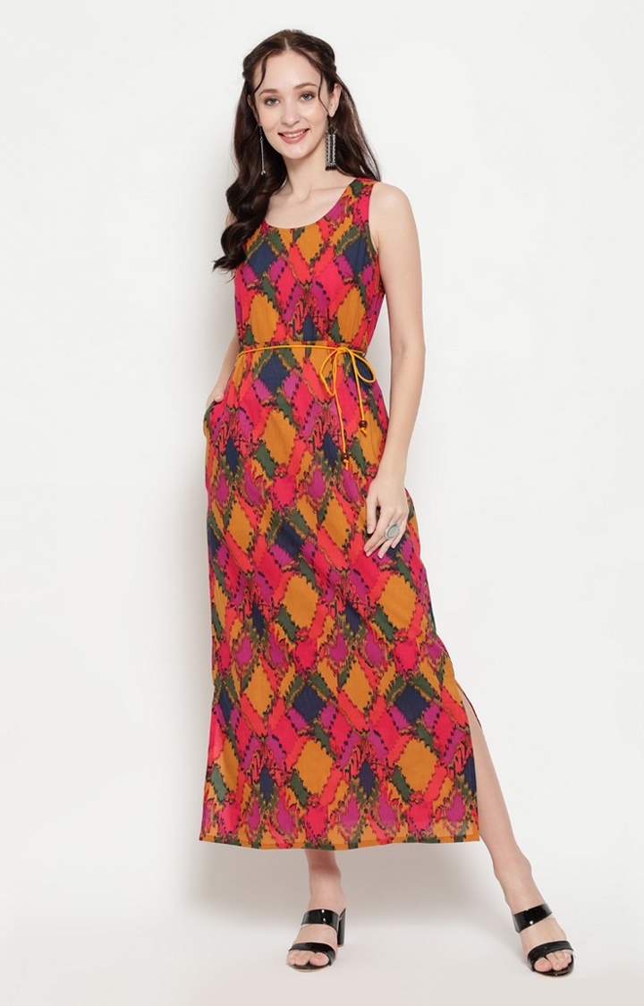 ANTARAN | Multi-coloured Printed Straight Maxi Dress With Dori 0