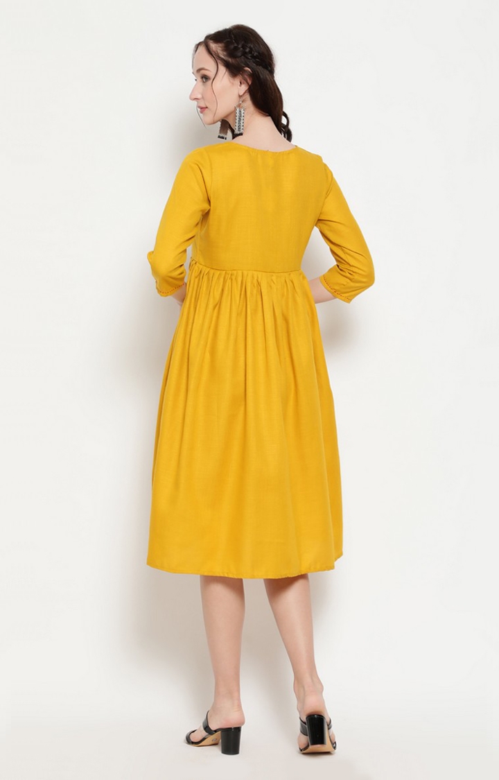 ANTARAN | Yellow Solid Pleated Dress With Red Thread Yoke Details 3