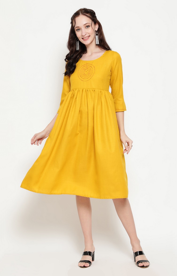 ANTARAN | Yellow Solid Pleated Dress With Red Thread Yoke Details 0