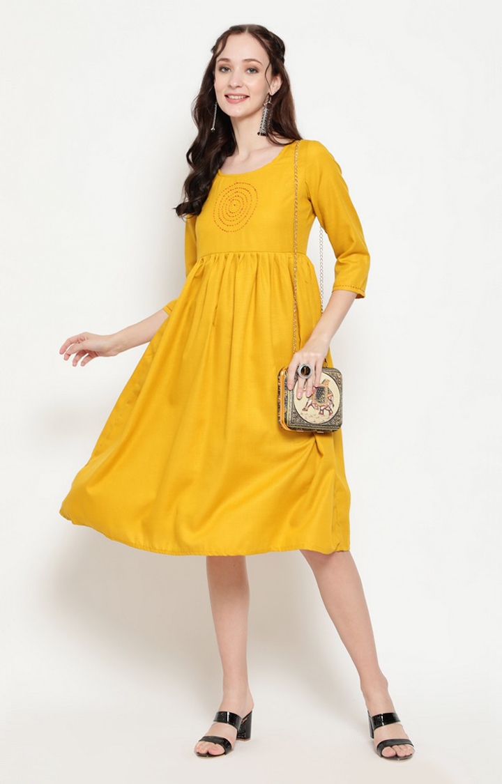 ANTARAN | Yellow Solid Pleated Dress With Red Thread Yoke Details 1