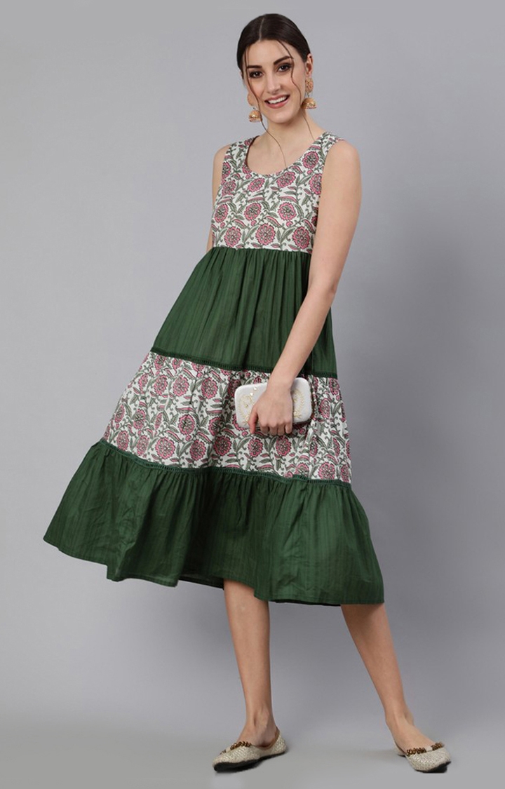 ANTARAN | Green and Pink Floral Printed Dresses 0