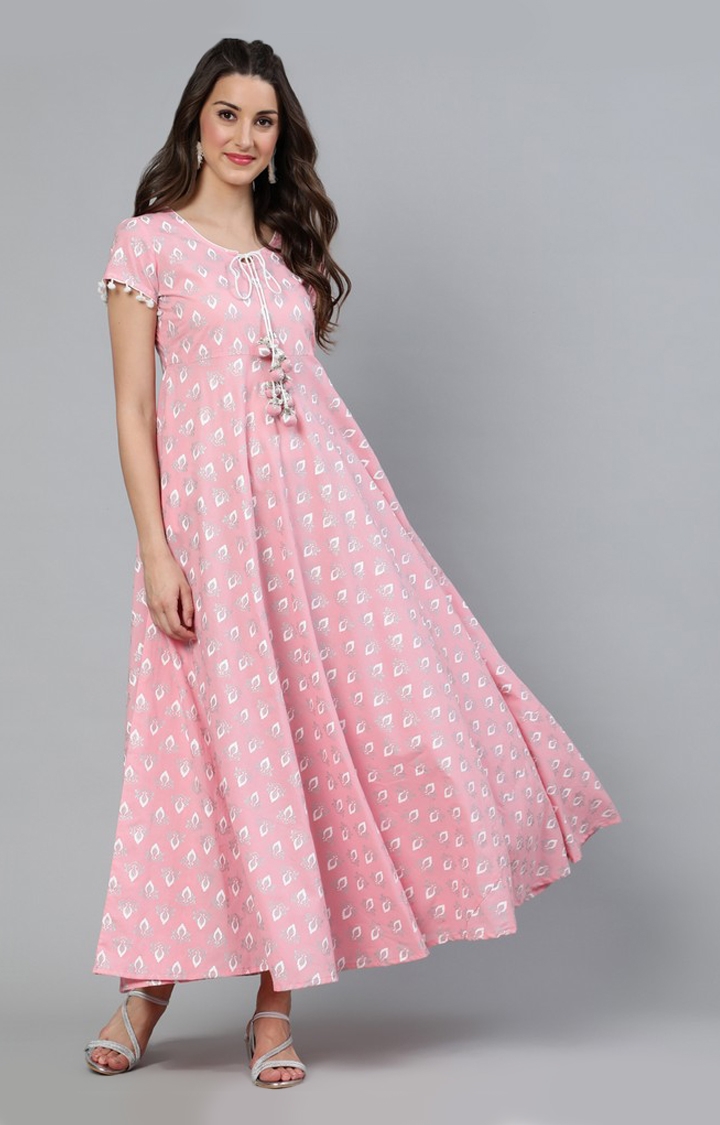 ANTARAN | Pink and White Khari Printed Flared Ethnic Gowns 0