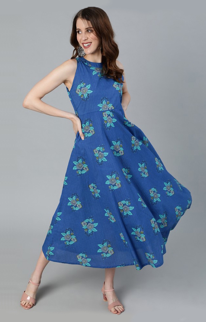 ANTARAN | Blue Floral Printed Halter Neck Dresses 0