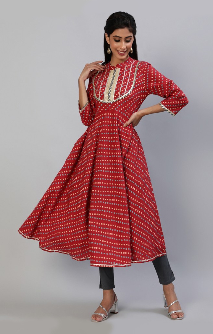 ANTARAN | Red Bandhani Printed Lace Yoke Design Anarkali 0
