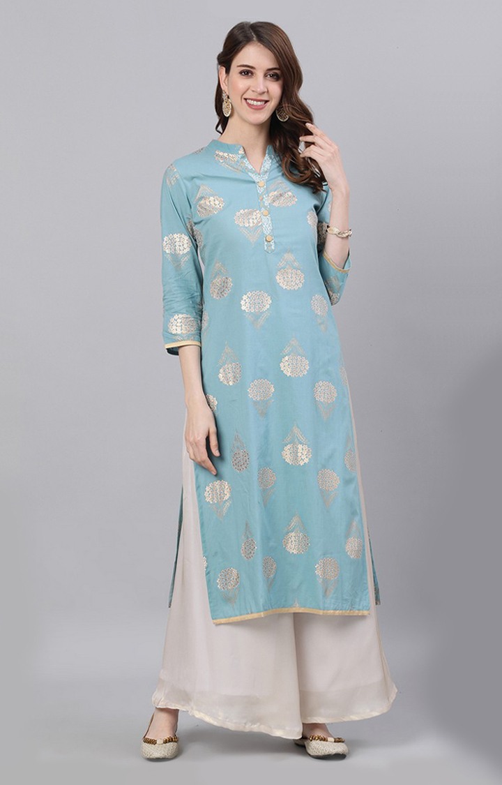 Antaran Women Blue Foil Printed Straight Kurta
