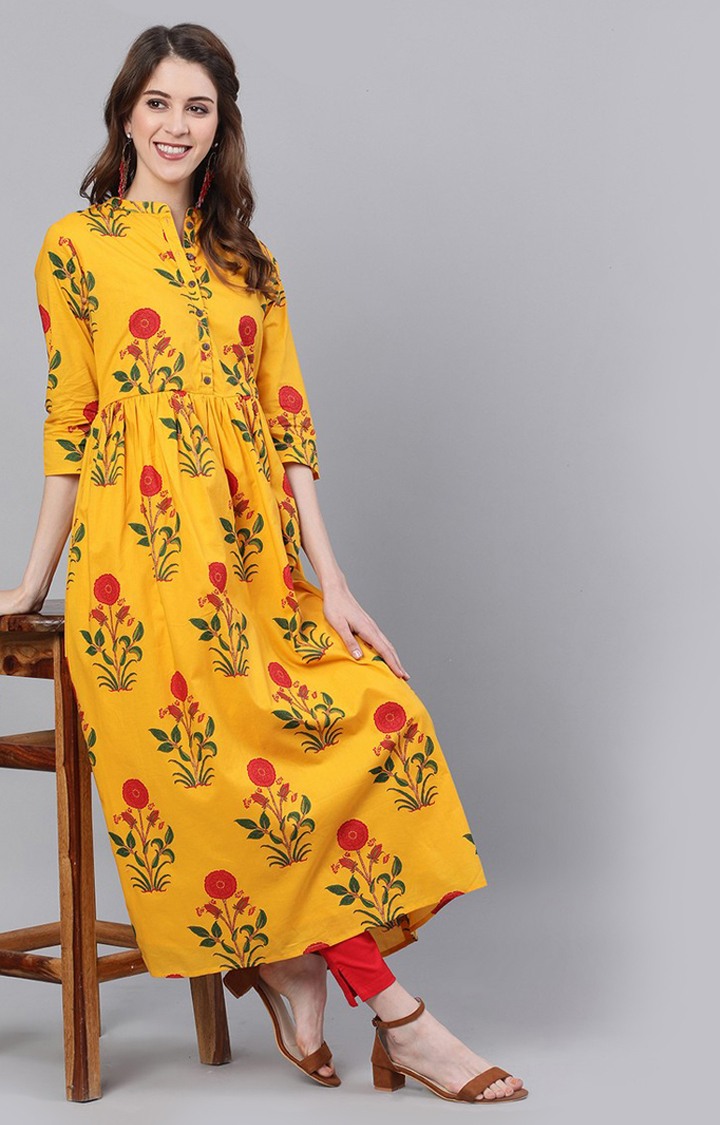 Antaran Women Yellow Floral Print Flared Kurta