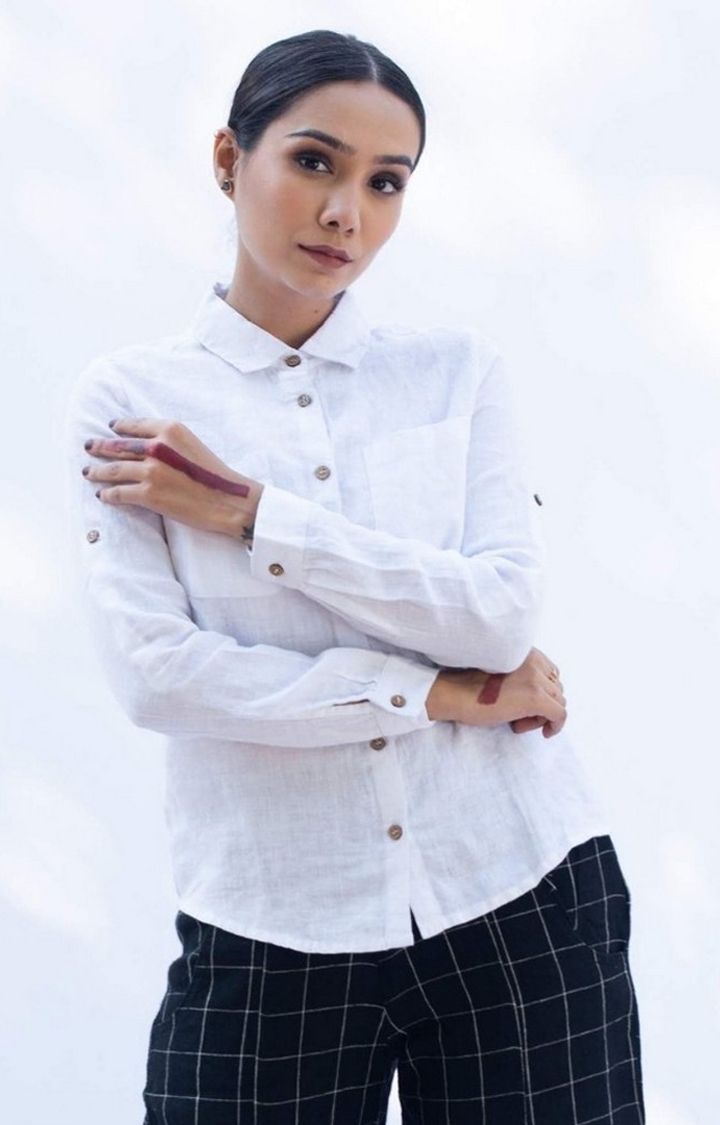 Women's White Linen Textured Casual Shirt