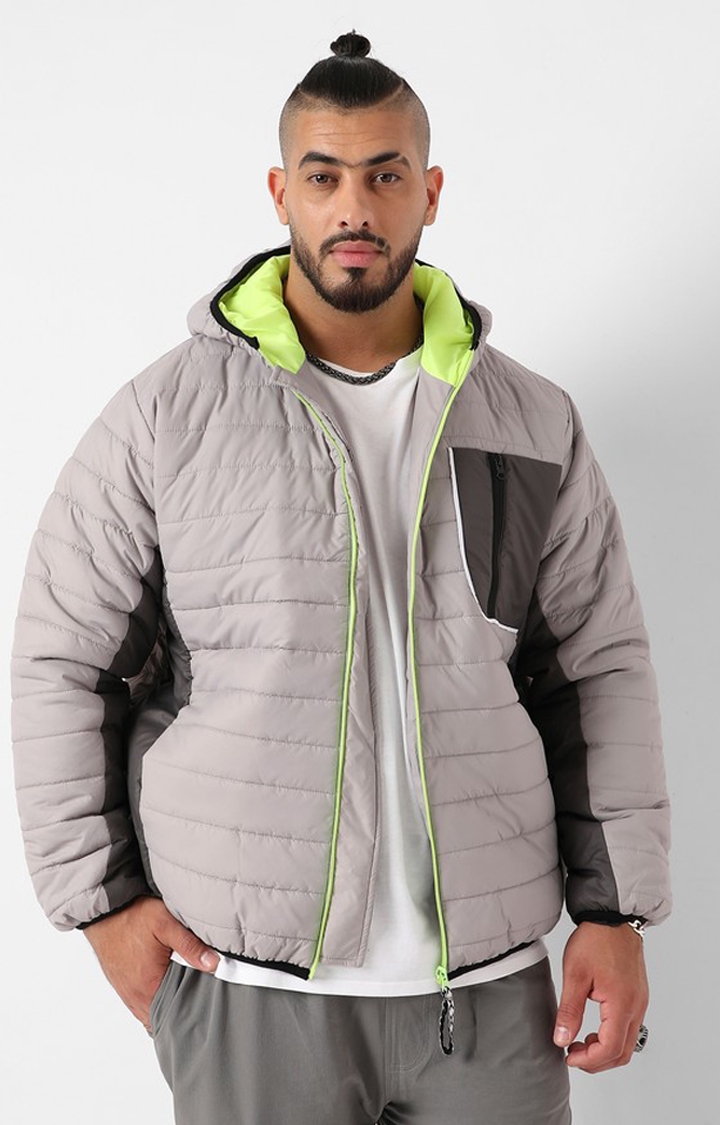 Instafab Plus | Men's Light Grey Puffer Jacket With Contrast Zipper