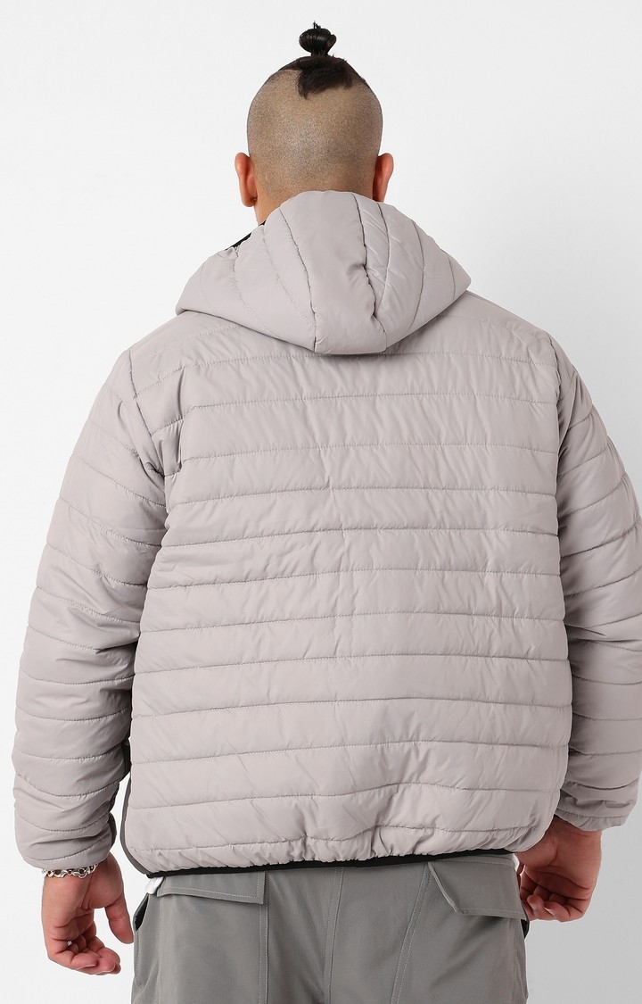 Men's Light Grey Puffer Jacket With Contrast Zipper