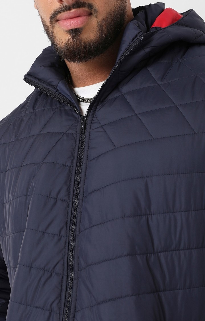 Men's Navy Blue Puffer Jacket With Contrast Striped Sleeve
