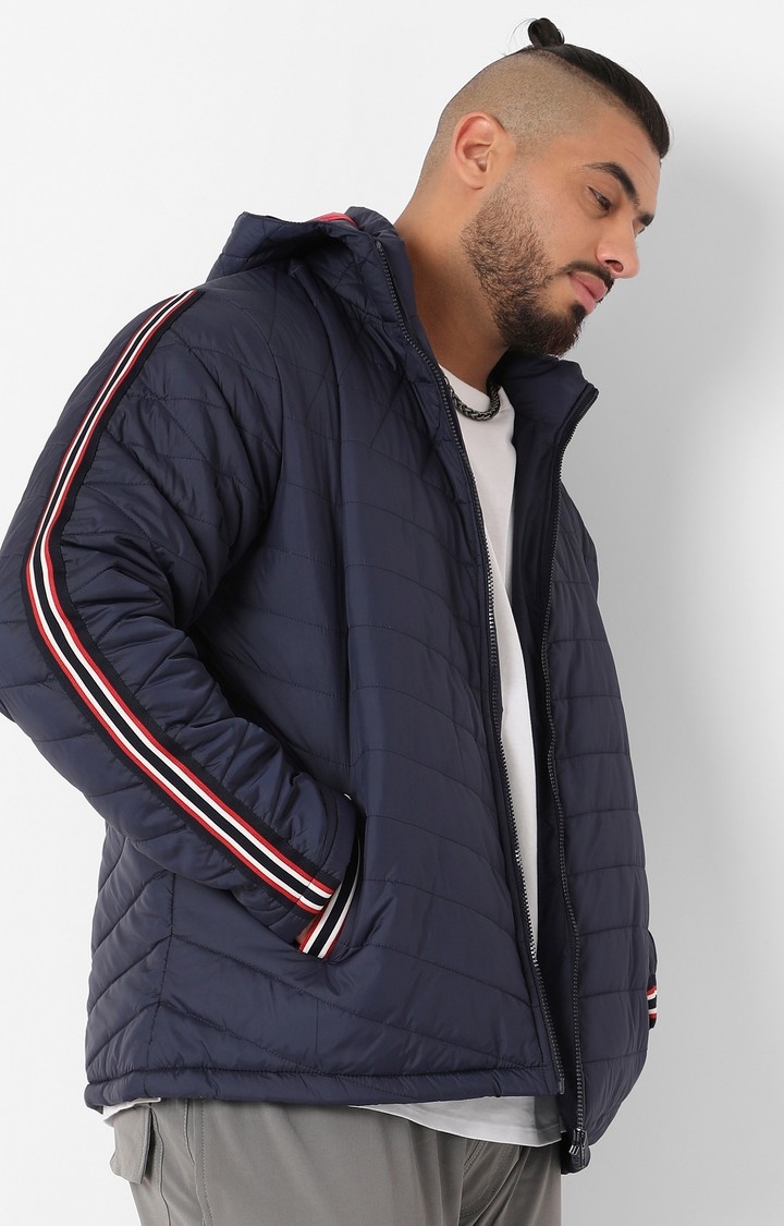Men's Navy Blue Puffer Jacket With Contrast Striped Sleeve