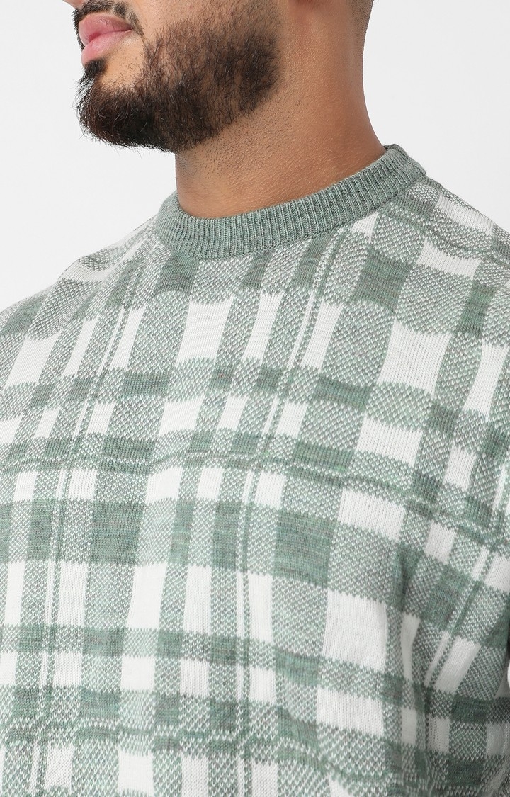 Men's Olive Green Tartan Plaid Knitted Pullover Sweater