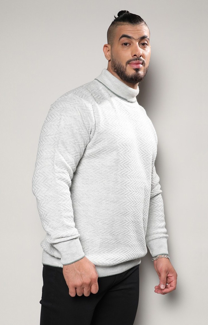 Men's Beige Herringbone Knitted Pullover Sweater