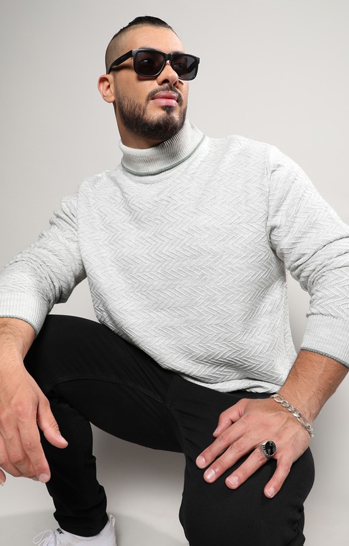 Instafab Plus | Men's Beige Herringbone Knitted Pullover Sweater