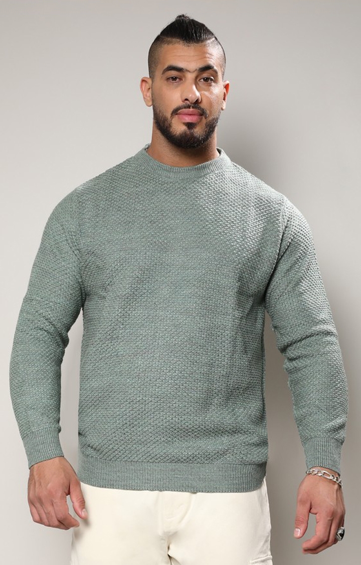 Instafab Plus | Men's Olive Green Textured Knit Pullover Sweater