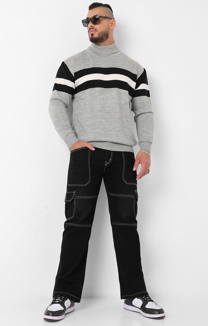 Men's Light Grey Relaxed Horizontal Striped Sweater
