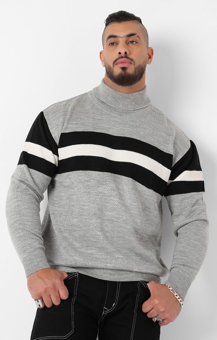 Instafab Plus | Men's Light Grey Relaxed Horizontal Striped Sweater