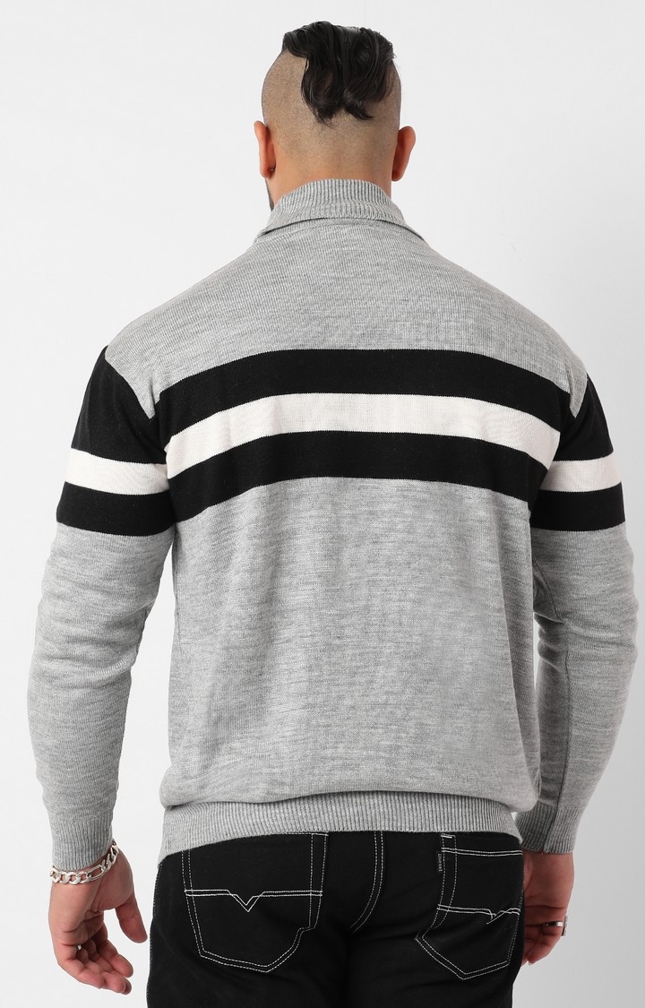 Men's Light Grey Relaxed Horizontal Striped Sweater
