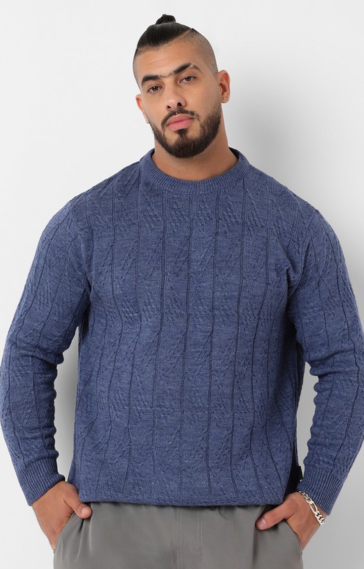 Instafab Plus | Men's Blue Textured Knit Pullover Sweater