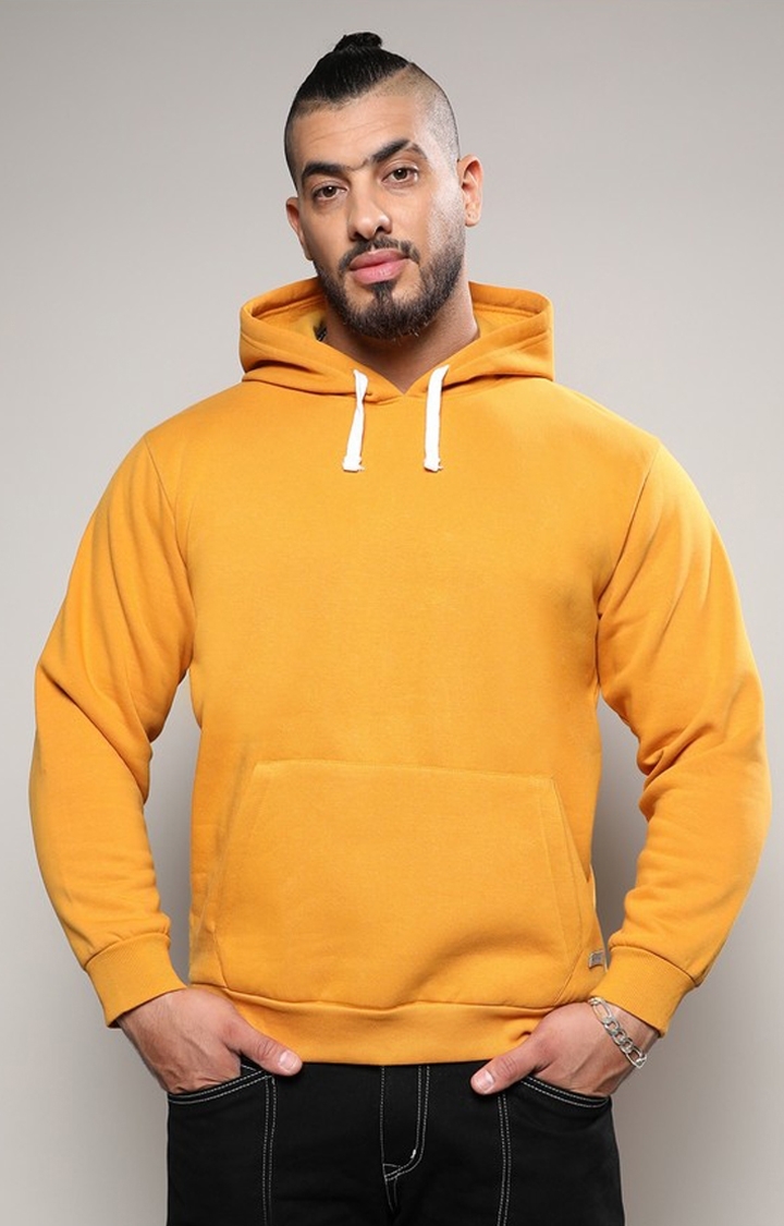 Instafab Plus | Men's Mustard Yellow Basic Hoodie With Kangaroo Pocket