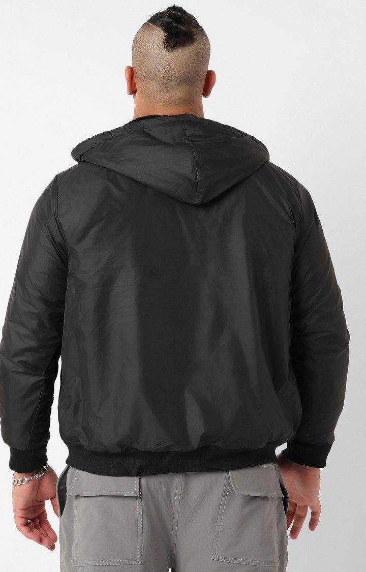 Men's Black Zip-Front Puffer Jacket With Ribbed Hem