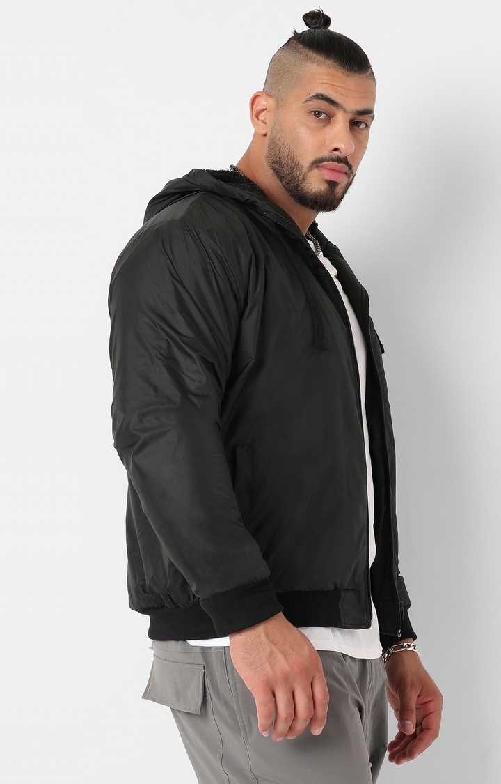 Men's Black Zip-Front Puffer Jacket With Ribbed Hem