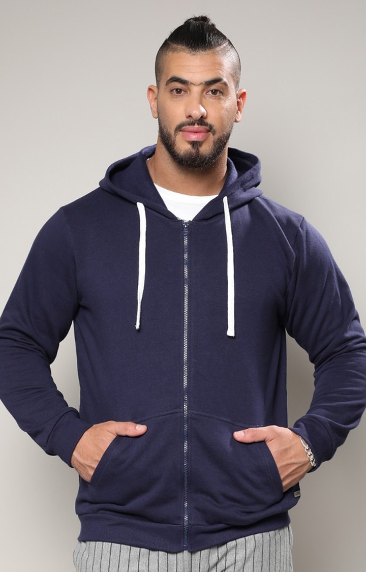 Men's Navy Blue Zip-Front Hoodie With Contrast Drawstring