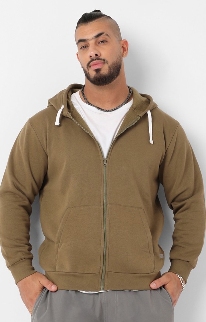 Men's Olive Green Zip-Front Hoodie With Contrast Drawstring