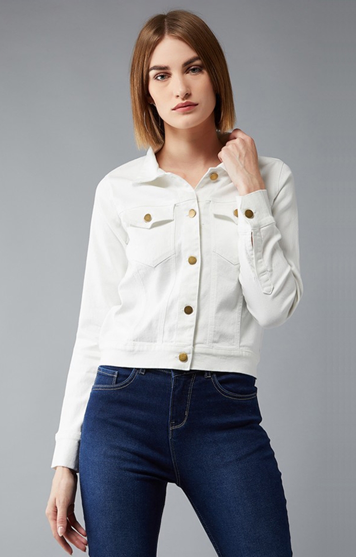 Dolce Crudo | Women's White Cotton Solid Denim Jacket